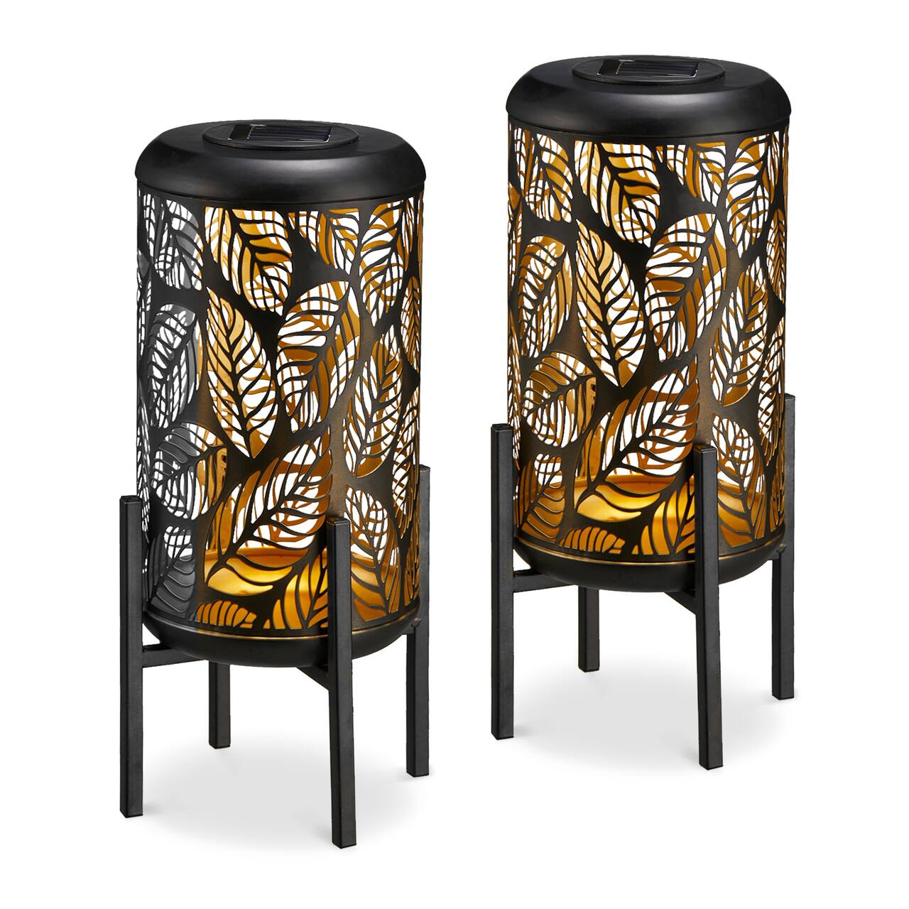 Glitzhome® 14.25" Black Metal Cutout Leaves Pattern Solar Powered LED Outdoor Lantern, 2ct.